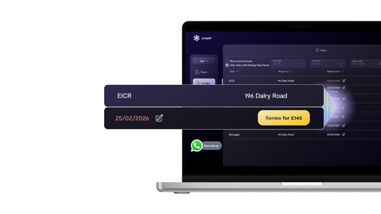 Propell certificate management showing EPC, Gas Safety, and EICR tracking