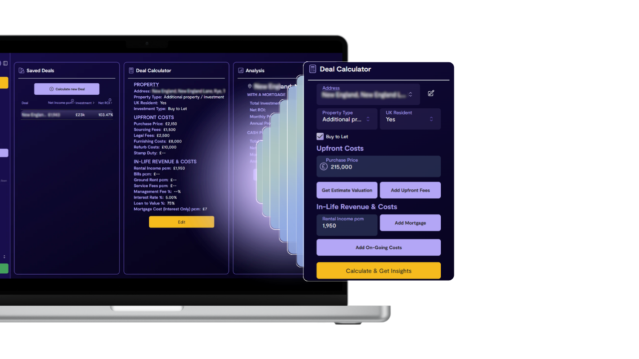 Deal Calculator input form showing property details, upfront costs, and revenue fields