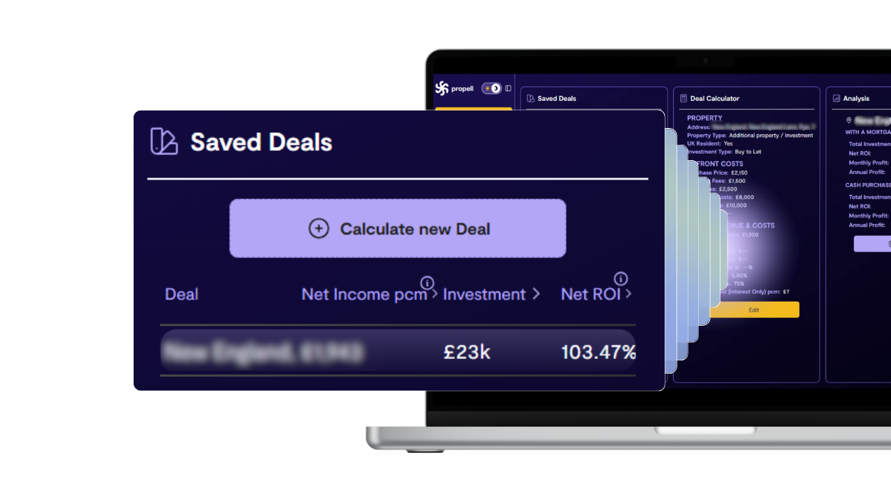 Deal Calculator analysis showing mortgage vs cash purchase comparison with Net ROI and profit figures