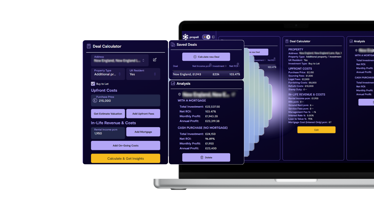 Propell Deal Calculator showing ROI analysis with mortgage and cash purchase comparison
