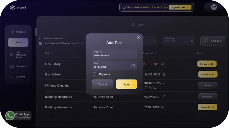 Screenshot of the add custom task modal in Propell
