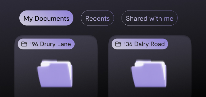 Document management interface with folders for 196 Drury Lane and 136 Dalry Road