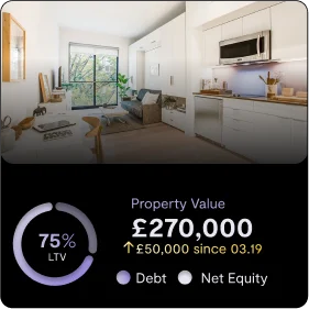 Dashboard displaying property value, loan-to-value (LTV), debt, and net equity.